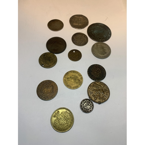 322 - FOURTEEN VARIOUS FOREIGN COINS AND TOKENS