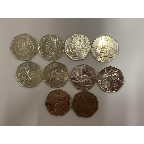 461 - TEN VARIOUS COLLECTABLE FIFTY PENCE PIECES TO INCLUDE PADDINGTON BEAR, JEREMY FISHER, OLYMPICS ETC