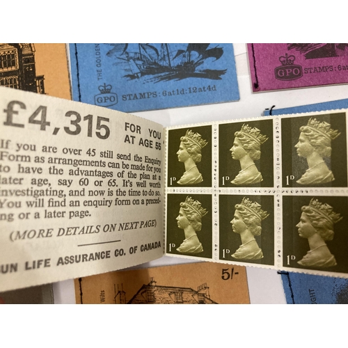 476 - OVER THIRTY BOOKS OF STAMPS TO IONCLUDE 2/-, 1d, 4d, 3d ETC AND A POSTAL HISTORY MAP OF BRITIAN