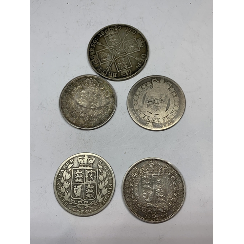 490 - FIVE COINS TO INCLUDE AN 1889 DOUBLE FLORIN AND FOUR CROWNS 1823 AND 1887