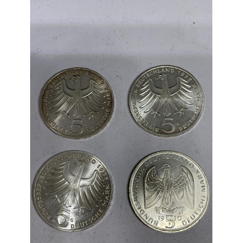 495 - SEVEN 625 SILVER COINS TO INCLUDE FIVE 5 MARK COINS AND A 1938 2 MARK