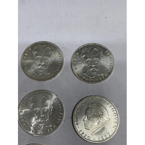 495 - SEVEN 625 SILVER COINS TO INCLUDE FIVE 5 MARK COINS AND A 1938 2 MARK