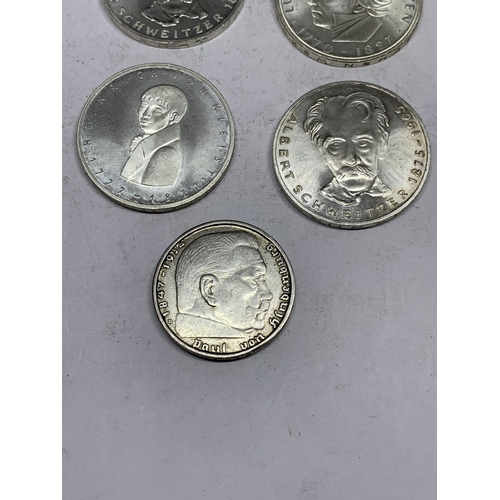 495 - SEVEN 625 SILVER COINS TO INCLUDE FIVE 5 MARK COINS AND A 1938 2 MARK