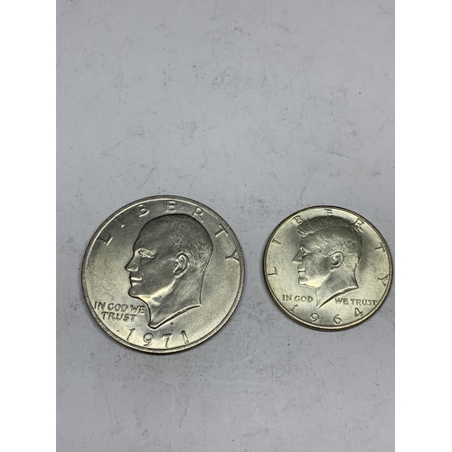 504 - TWO COINS TO INCLUDE A 900 1964 KENNEDY HALF DOLLAR AND A 1971 400 EISENHOWER ONE DOLLAR