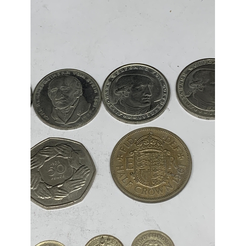 507 - THIRTEEN VARIOUS COINS TO INCLUDE TWI 1918 THREE PENCES, FIVE GERMAN COMMEMORATIVE COINS ETC