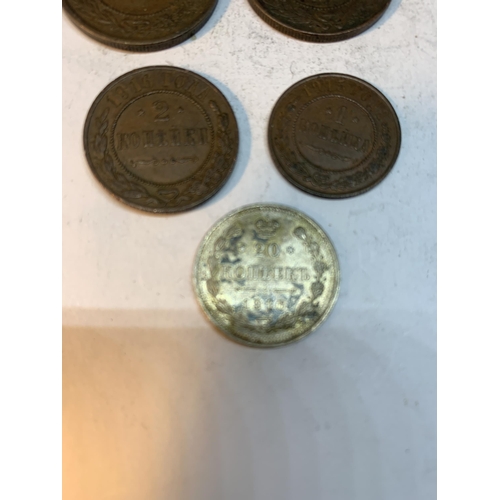 508 - FIVE RUSSIAN AND ONE ROUMANIAN COIN TO INCLUDE 3 KOPECKS, 2 KOPECKS, I KOPECK ETC