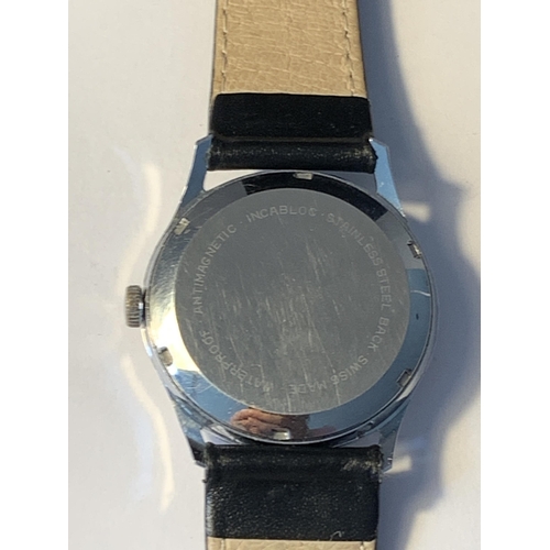 517 - A VINTAGE POTENS 17 RUBIS INCABLOC WRIST WATCH WITH BLACK LEATHER STRAP SEEN WORKING BUT NO WARRANTY