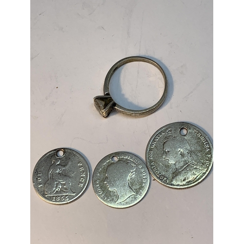 531 - SIX ITEMS TO INCLUDE THREE DRILLED SILVER COINS, A SILVER RING AND TWO BROOCHES