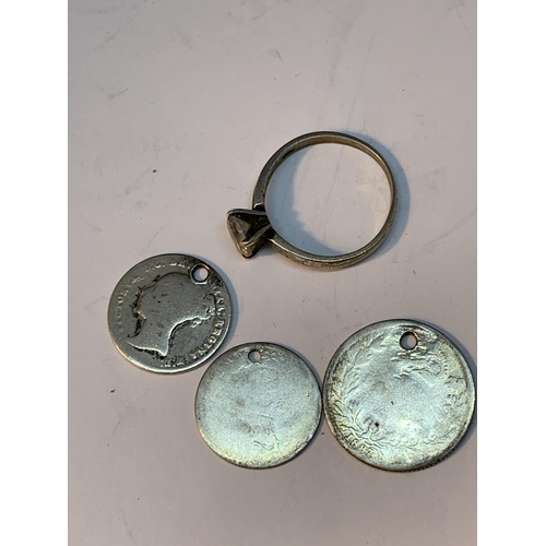 531 - SIX ITEMS TO INCLUDE THREE DRILLED SILVER COINS, A SILVER RING AND TWO BROOCHES