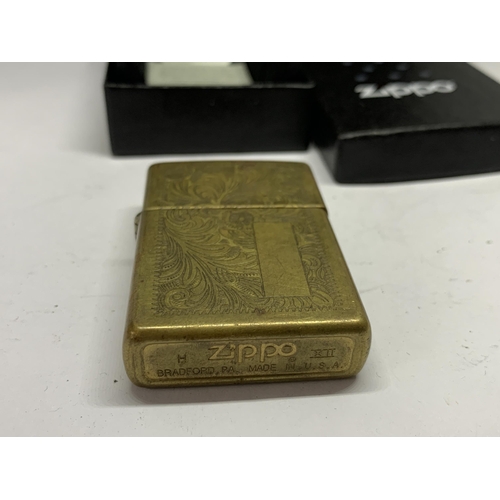 77 - A BRASS ZIPPO LIGHTER IN ORIGINAL PRESENTATION BOX