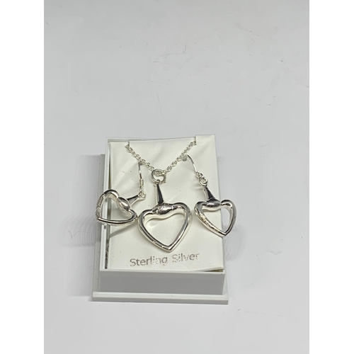 647 - A SILVER NECKLACE WITH HEART PENDANT AND MATCHING EARRINGS IN PRESENTATION BOX