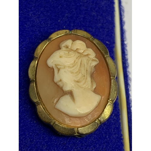 653 - TWO CAMEO BROOCHES WITH GOLD PLATED SURROUNDS IN A PRESENTATION BOX