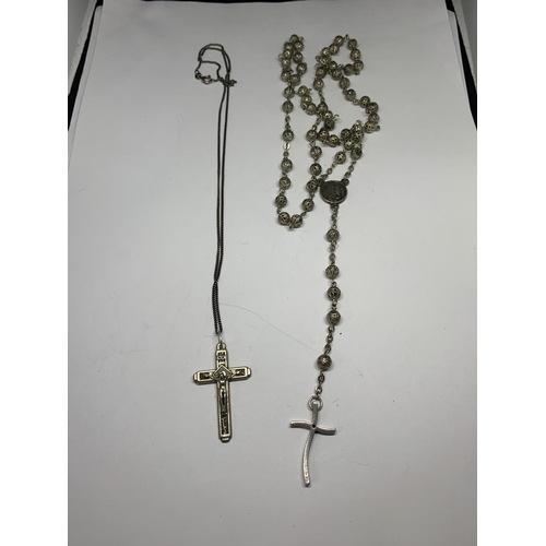 683 - SILVER ROSARY BEADS AND A SILVER CRUCIFIX NECKLACE