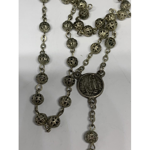 683 - SILVER ROSARY BEADS AND A SILVER CRUCIFIX NECKLACE