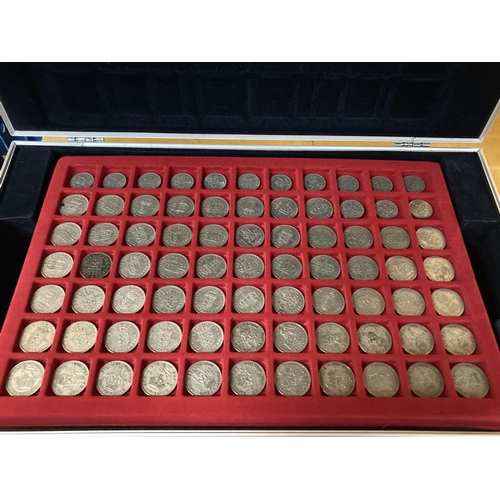 314 - A COIN COLLECTORS CASE WITH TWO TRAYS OF PRE DECIMAL POST 1946 SIXPENCES, SHILLINGS AND FLORINS