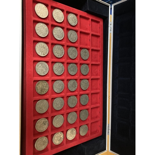 314 - A COIN COLLECTORS CASE WITH TWO TRAYS OF PRE DECIMAL POST 1946 SIXPENCES, SHILLINGS AND FLORINS