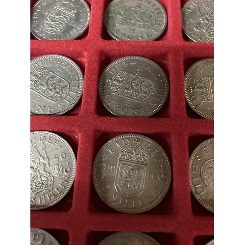 314 - A COIN COLLECTORS CASE WITH TWO TRAYS OF PRE DECIMAL POST 1946 SIXPENCES, SHILLINGS AND FLORINS