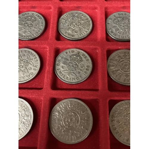 314 - A COIN COLLECTORS CASE WITH TWO TRAYS OF PRE DECIMAL POST 1946 SIXPENCES, SHILLINGS AND FLORINS