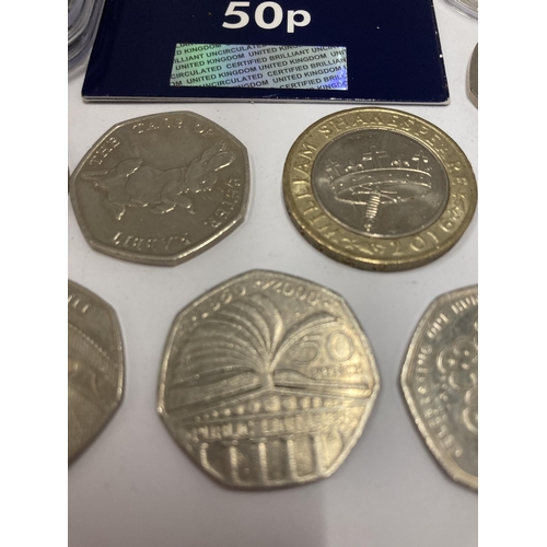 436 - UK SIXTEEN 50P COINS PLUS THREE £2 COINS