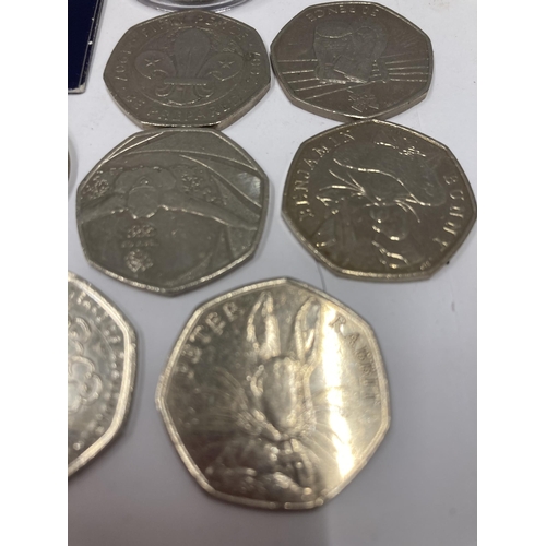 436 - UK SIXTEEN 50P COINS PLUS THREE £2 COINS