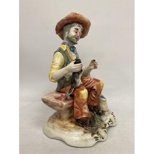 753 - A CAPODIMONTE FIGURE OF A MAN ON A BENCH WITH A CAT