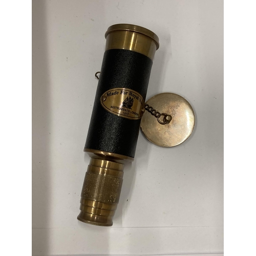 93 - A BRASS AND LEATHER ROYAL NAVY TELESCOPE