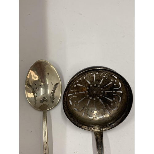 96 - TWO SILVER SPOONS TO INCLUDE A SUGAR SIFTER GROSS WEIGHT GROSS WEIGHT 63.5GRAMS