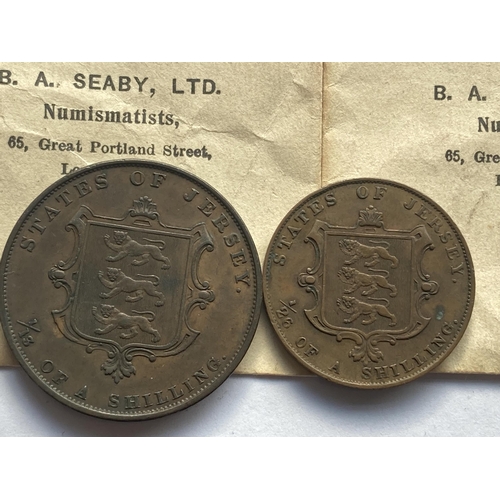 361A - TWO JERSEY COINS TO INCLUDE A 1861 1/13 SHILLING AND A 1841 1/26 SHILLING , BOTH FINE CONDITION