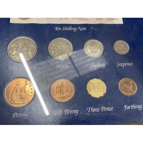 419A - A FRAMED PRE DECIMAL CURRENCY SET FARTHING TO HALF CROWN, TEN SHILLING AND ONE POUND NOTE