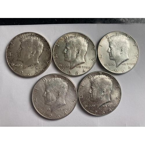 438A - FIVE 1964 900 SILVER KENNEDY HALF DOLLARS