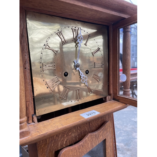 2970 - A MODERN OAK MINIATURE LONGCASE CLOCK WITH BRASS FACE AND TWO WEIGHTS, 46