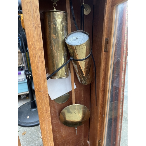 2970 - A MODERN OAK MINIATURE LONGCASE CLOCK WITH BRASS FACE AND TWO WEIGHTS, 46