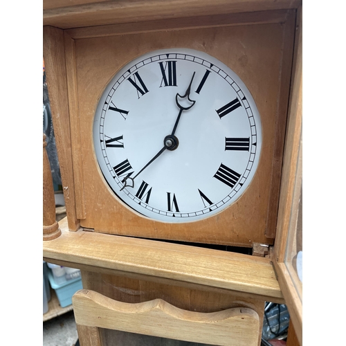 2970 - A MODERN OAK MINIATURE LONGCASE CLOCK WITH BRASS FACE AND TWO WEIGHTS, 46