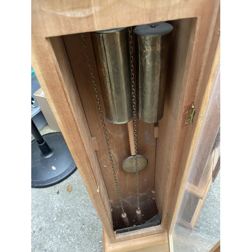 2970 - A MODERN OAK MINIATURE LONGCASE CLOCK WITH BRASS FACE AND TWO WEIGHTS, 46