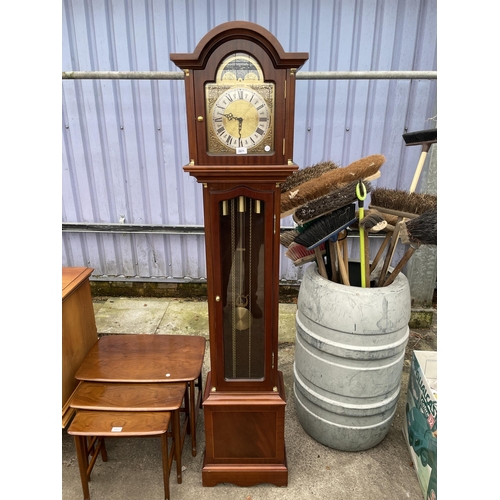 2971 - A MODERN MAHOGANY AND CROSSBANDED LONGCASE CLOCK WITH GLASS DOOR, TRIPLE WEIGHTS AND BRASS FACE