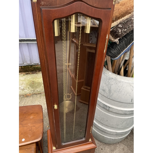 2971 - A MODERN MAHOGANY AND CROSSBANDED LONGCASE CLOCK WITH GLASS DOOR, TRIPLE WEIGHTS AND BRASS FACE