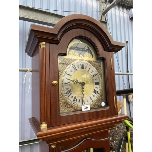 2971 - A MODERN MAHOGANY AND CROSSBANDED LONGCASE CLOCK WITH GLASS DOOR, TRIPLE WEIGHTS AND BRASS FACE