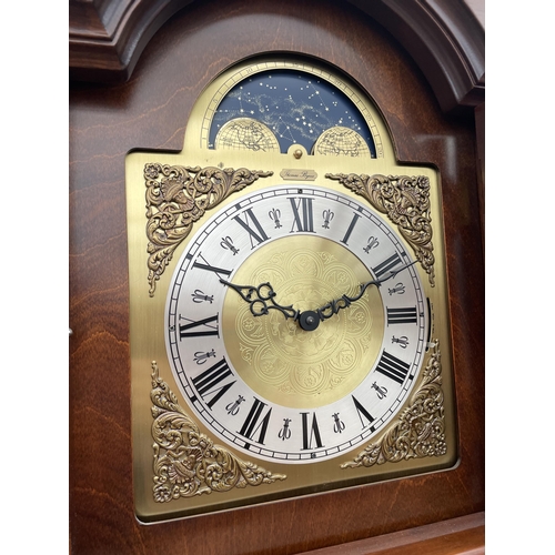 2971 - A MODERN MAHOGANY AND CROSSBANDED LONGCASE CLOCK WITH GLASS DOOR, TRIPLE WEIGHTS AND BRASS FACE