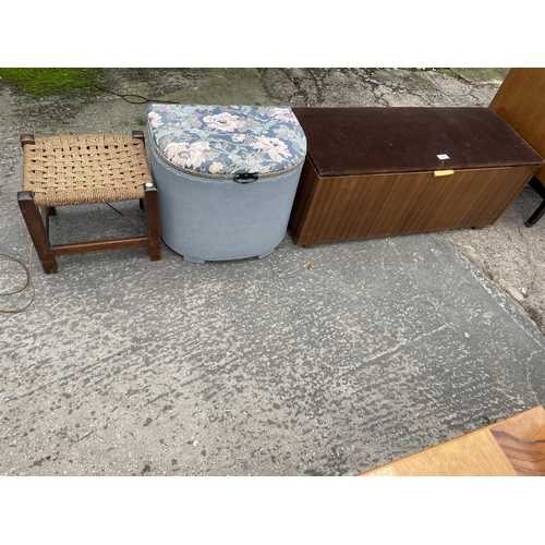 2977 - A UNIFLEX OTTOMAN, LLOYD LOOM STYLE LINEN BOX/STOOL AND A SMALL STOOL WITH WICKER TOP