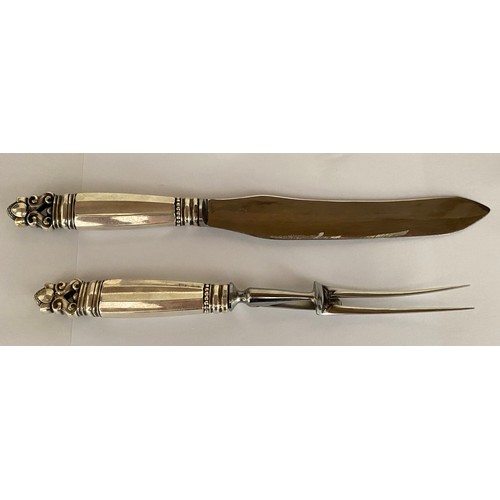 4 - AN ART DECO GEORG JENSEN STERLING SILVER TWO PIECE MEAT CARVING SET IN THE ACORN PATTERN - COMPRISIN... 