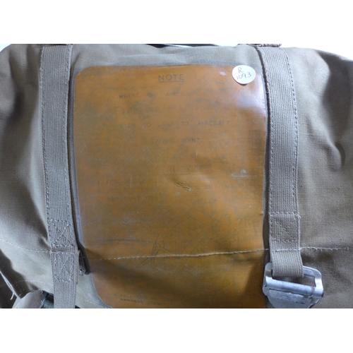 373 - A WORLD WAR II AIRCRAFT SURVIVAL PACK, TWO HESSIAN POUCHES, BELTS, STRAPS ETC