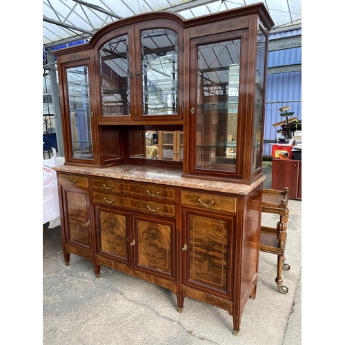 2577 - A FRENCH EDWARDIAN DISPLAY CABINET WITH MARBLE TOP ON BASE, ENCLOSING FOUR CUPBOARDS AND FOUR DRAWER... 