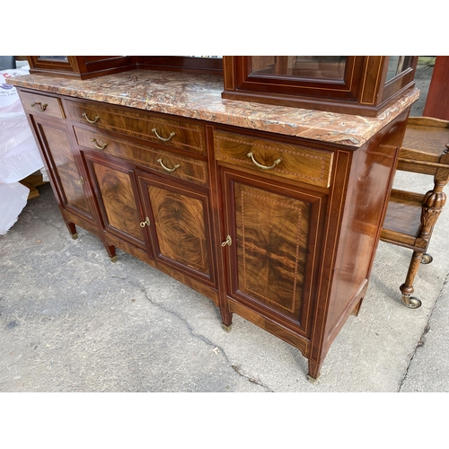 2577 - A FRENCH EDWARDIAN DISPLAY CABINET WITH MARBLE TOP ON BASE, ENCLOSING FOUR CUPBOARDS AND FOUR DRAWER... 