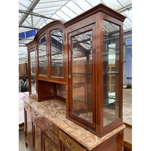 2577 - A FRENCH EDWARDIAN DISPLAY CABINET WITH MARBLE TOP ON BASE, ENCLOSING FOUR CUPBOARDS AND FOUR DRAWER... 