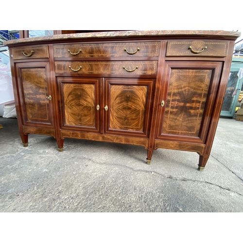 2577 - A FRENCH EDWARDIAN DISPLAY CABINET WITH MARBLE TOP ON BASE, ENCLOSING FOUR CUPBOARDS AND FOUR DRAWER... 