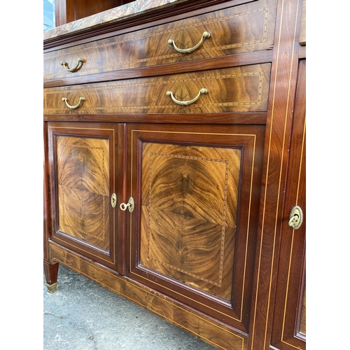 2577 - A FRENCH EDWARDIAN DISPLAY CABINET WITH MARBLE TOP ON BASE, ENCLOSING FOUR CUPBOARDS AND FOUR DRAWER... 