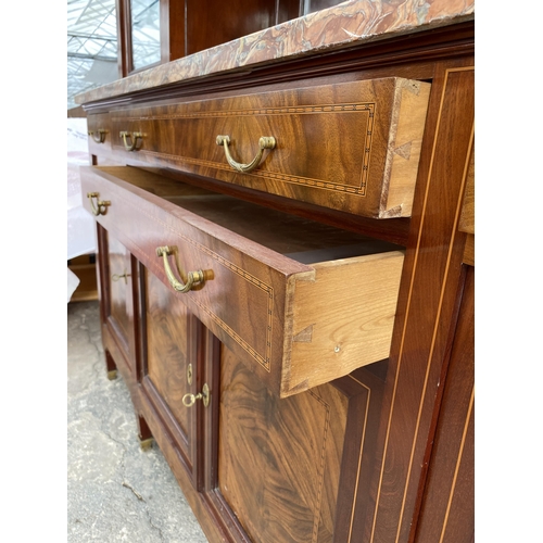 2577 - A FRENCH EDWARDIAN DISPLAY CABINET WITH MARBLE TOP ON BASE, ENCLOSING FOUR CUPBOARDS AND FOUR DRAWER... 