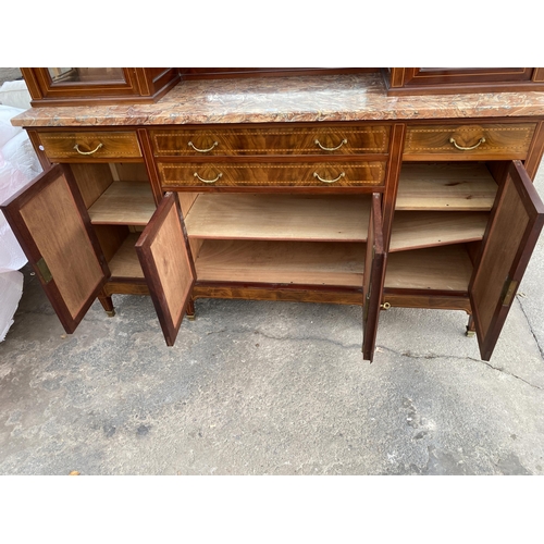 2577 - A FRENCH EDWARDIAN DISPLAY CABINET WITH MARBLE TOP ON BASE, ENCLOSING FOUR CUPBOARDS AND FOUR DRAWER... 