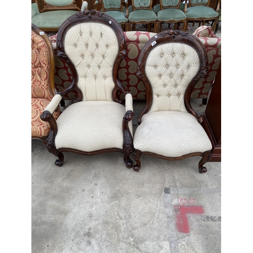 2588 - A VICTORIAN STYLE LADIES AND GENTLEMAN'S LOUNGE CHAIRS, ONE WITH OPEN ARMS, BOTH HAVING CARVING AND ... 