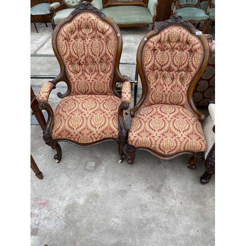 2589 - VICTORIAN LADIES AND GENTLEMAN'S LOUNGE CHAIRS, ONE WITH OPEN ARMS, BOTH HAVING CARVING AND CABRIOLE... 